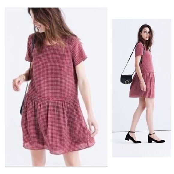 Madewell Women's Size 2 Silk Short Sleeve Ascot Tile Drop Waist Dress Burgundy - Picture 1 of 12